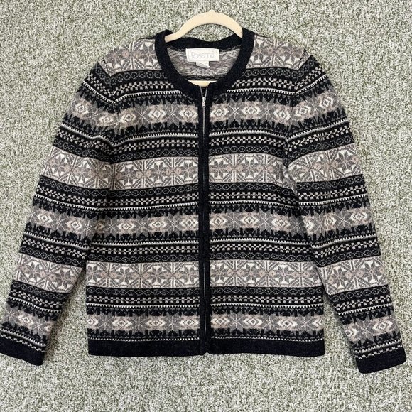 Rosanna Sweaters - Rosanna Sweater Womens Medium Vintage Lambs Wool Gray Snowflake Cardigan Zip Up